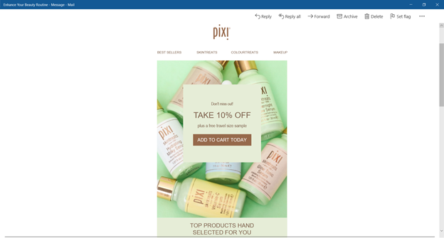 An email from Pixi shows a background image with a text box detailing a 10% discount overlaid.