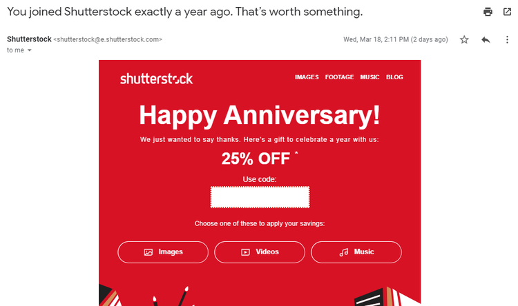 Shutterstock anniversary email personalized for subscribers.