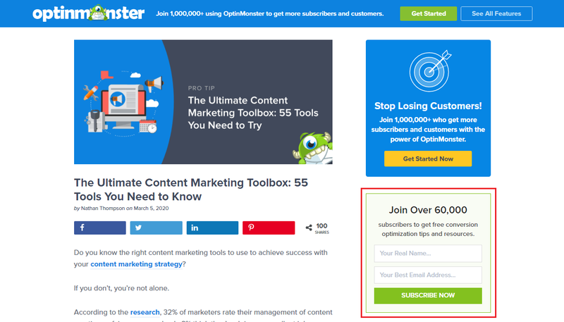 An example of OptinMonster using social proof to engaged readers.