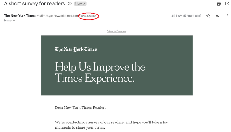 Screenshot of The NYT’s unsubscribe link for subscribers.