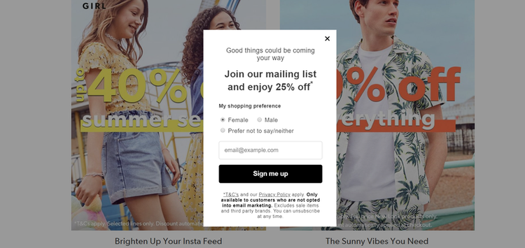 A website popup offering a 25% discount to join British retailer New Look’s mailing list.