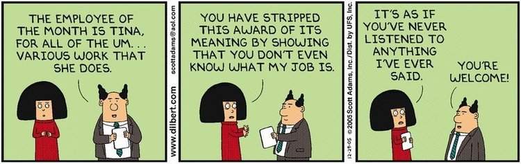 Dilbert comic strip outlining an example of low employee morale.