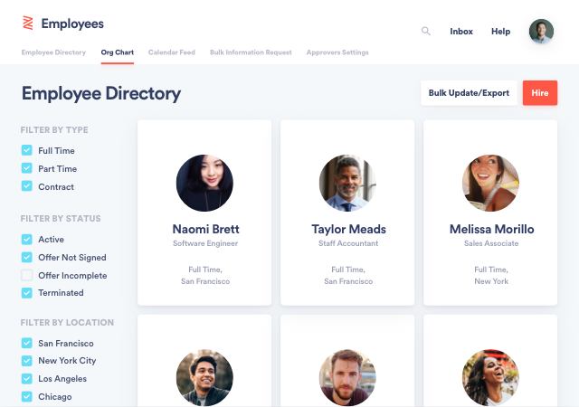 A screenshot of Zenefits employee directory to manage employees and candidates.