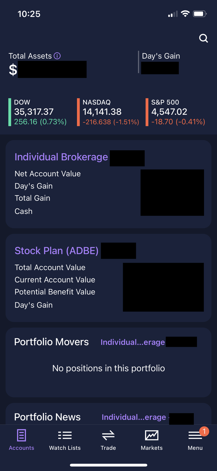 A screenshot of the E*TRADE app home screen.