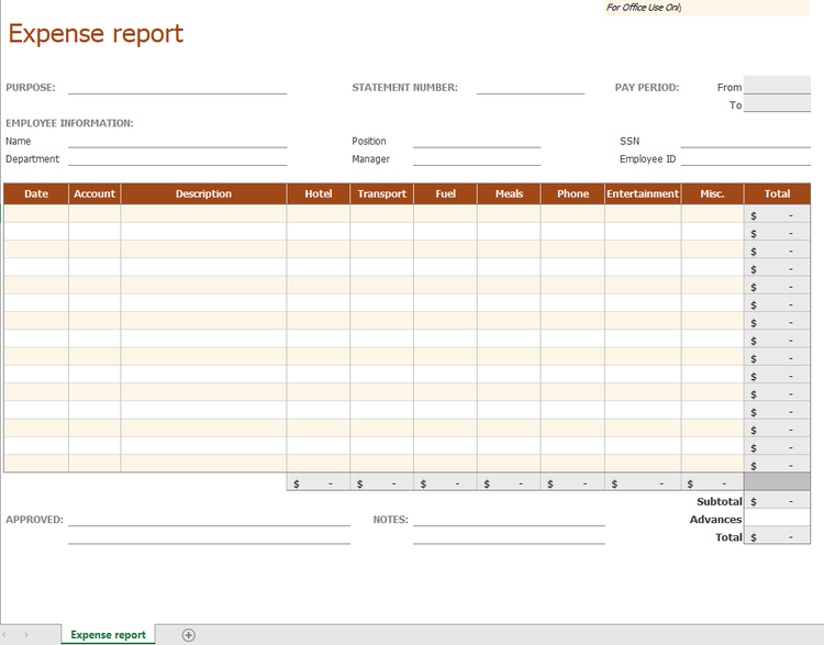 Microsoft Excel expense report sample template
