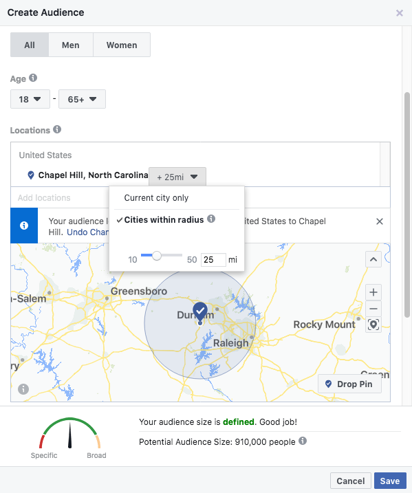 Uma captura de tela da opção de segmentação geográfica do Facebook
