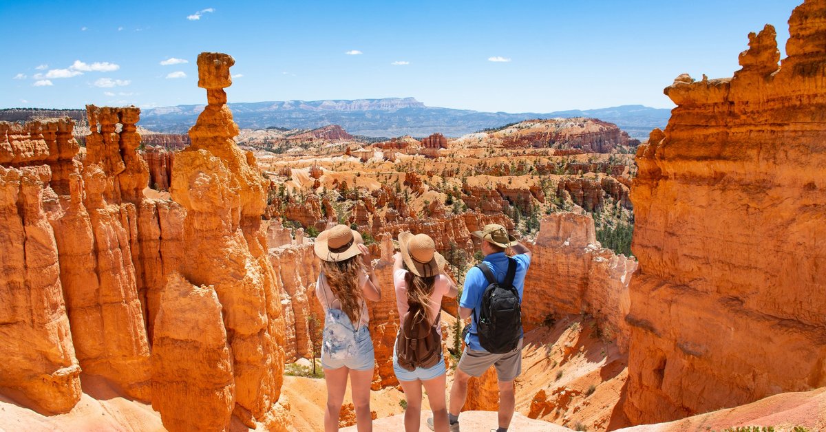 A family taking in the desert view of red rock formations.