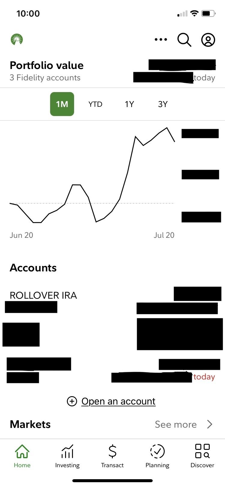 A screenshot of the Fidelity app home screen.
