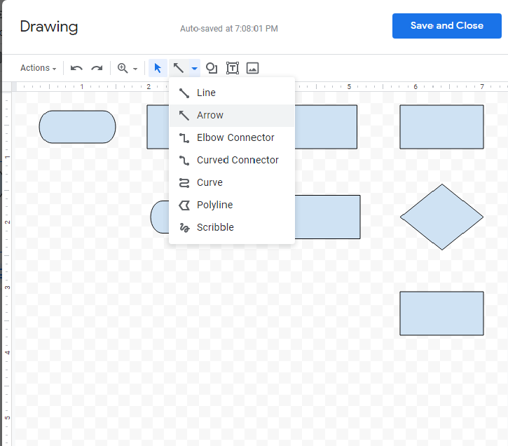 Drawing canvas showing different shapes and the “Arrow” option selected from the Line menu on the toolbar.