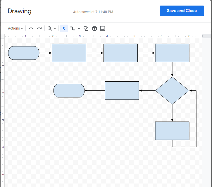 Google Docs drawing canvas with a half-finished flowchart.