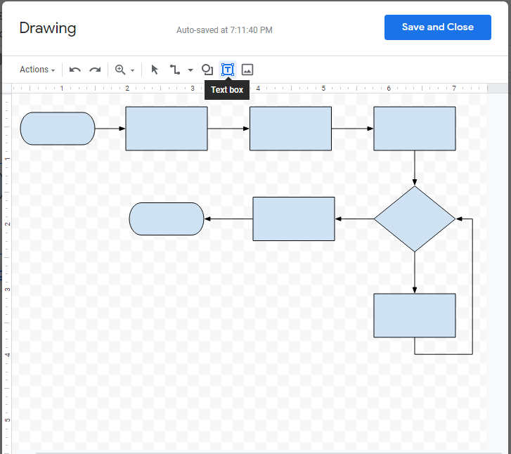 Captura de tela de um fluxograma do Google Docs, com a &ldquo;caixa de texto&rdquo; selecionada na barra de ferramentas de desenho