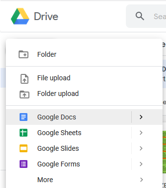 Google Docs, Google Sheets, Google Slides 및 Google 양식과 같이 사용자가 작성할 수있는 다양한 문서 및 파일 유형을 보여주는 스크린 샷