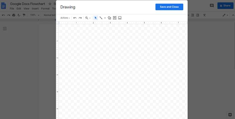 A screenshot of a blank drawing canvas over a Google document entitled “Google Docs Flowchart.”