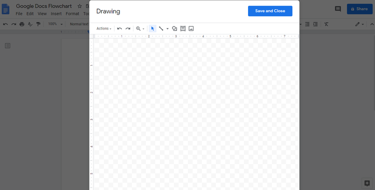 ภาพสกรีนช็อตของผ้าใบวาดภาพว่างบนเอกสาร Google ที่มีชื่อว่า&ldquo; Google Docs Flowchart&rdquo;