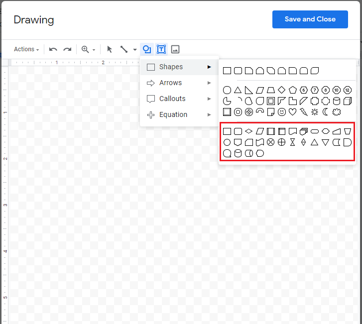 Captura de tela da tela do Google Docs desenhando com a metade inferior do menu Shapes Boxed em vermelho