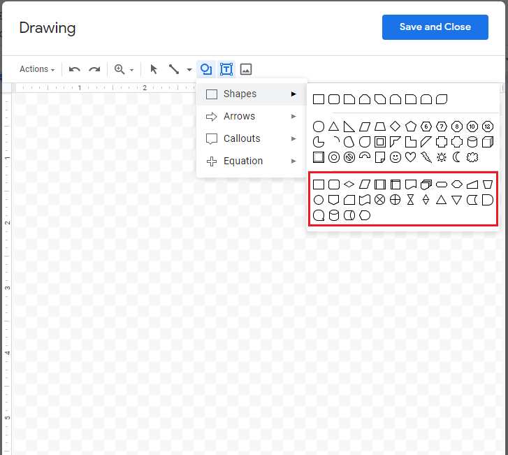 ภาพหน้าจอของ Google Docs Drawing Canvas ที่มีครึ่งล่างของเมนูรูปร่างที่บรรจุเป็นสีแดง