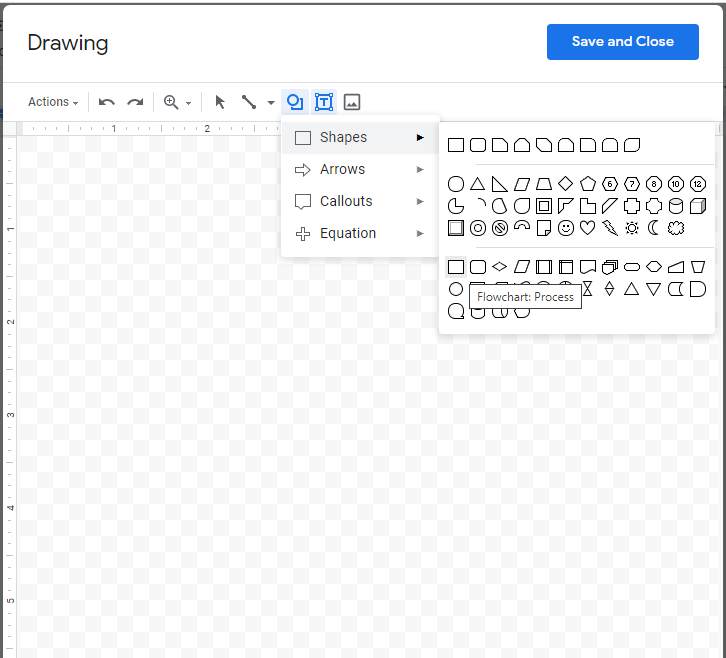 Zrzut ekranu narzędzia do rysowania Google Docs pokazuje wybrany kształt prostokąta i słowa &bdquo;Flowart: Process&rdquo; poniżej