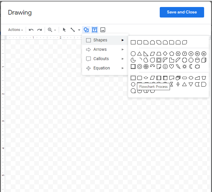 ภาพหน้าจอของเครื่องมือวาดภาพ Google เอกสารแสดงรูปร่างสี่เหลี่ยมที่เลือกและคำว่า 