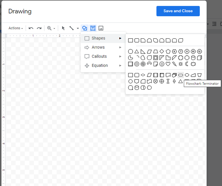 A screenshot of the different flowcharting shapes, with the terminator symbol highlighted.