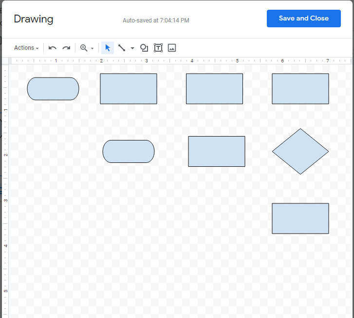 Drawing canvas with eight shapes symbolizing the different parts of the flowchart.