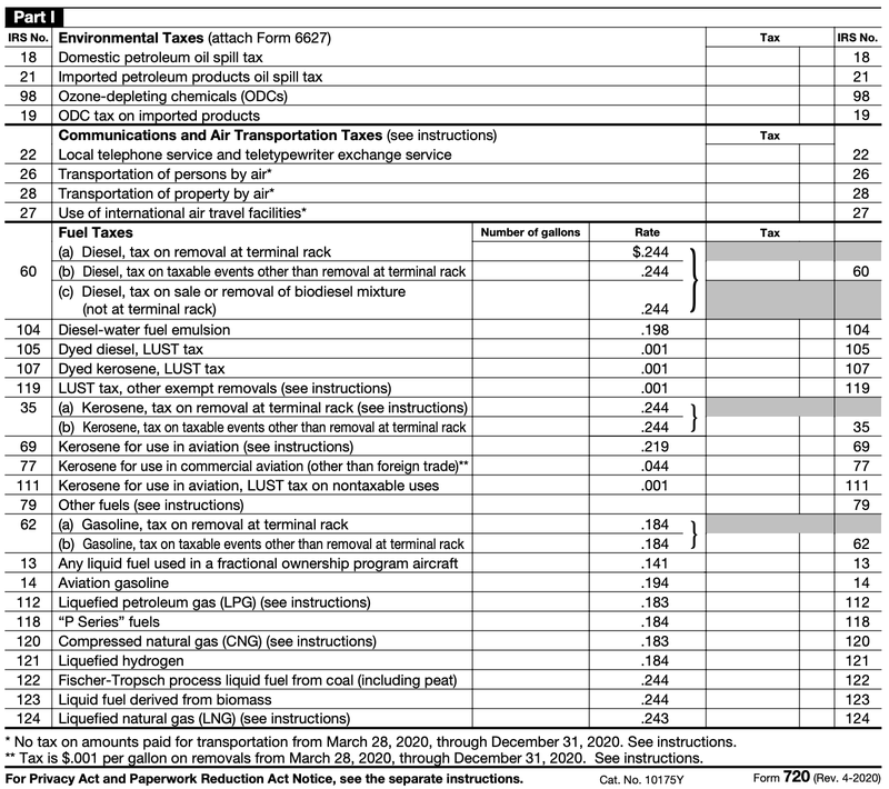 A screenshot of part one of Form 720 shows a list of environmental and fuel excise taxes.