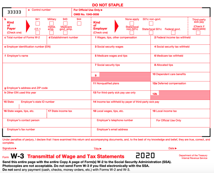 2019 IRS Tax Form W-3 Transmittals ONLY 10-pack for sending W2s to SSA 