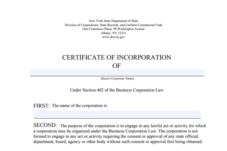 A blank New York State certificate of incorporation