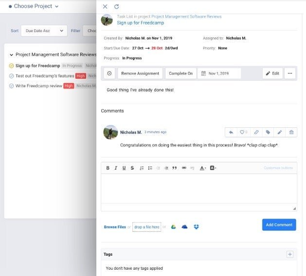 Freedcamp task management screen where you can comment on specific tasks within one project