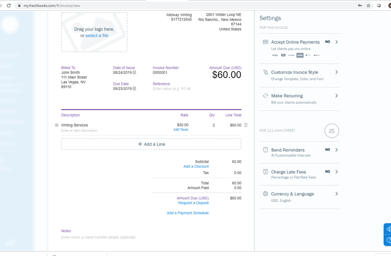FreshBooks invoice creation screen with different options to customize and settings bar on the right.