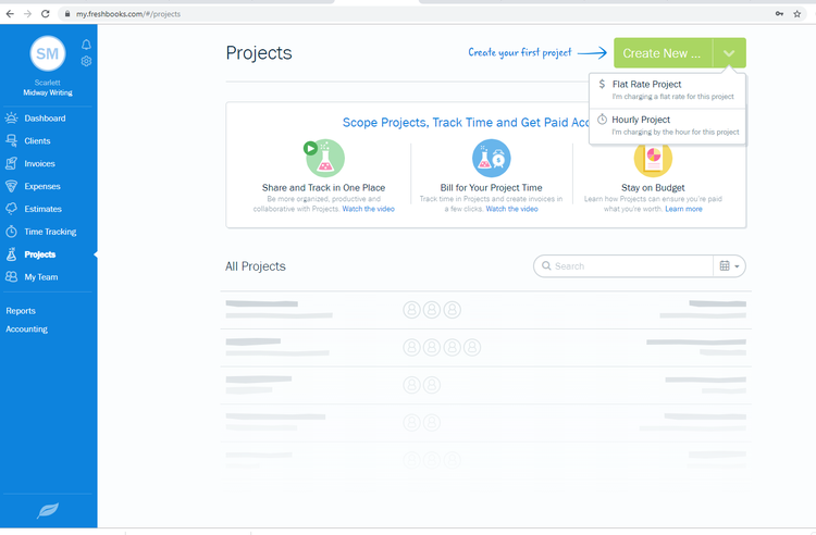 FreshBooks feature to create hourly projects