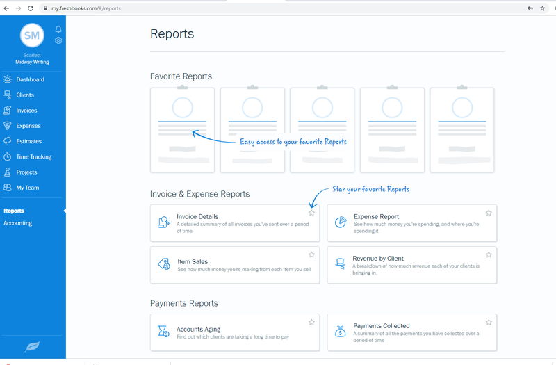 FreshBooks reports screen with options such as expense reports, invoice details, revenue by client, etc.