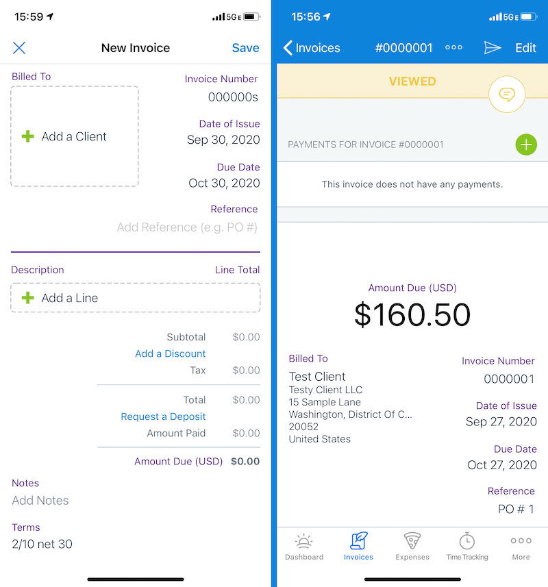 Side-by-side screenshots of the FreshBooks invoicing feature.