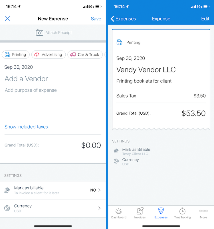 Скриншоты бок о бок с помощью функции расходов на мобильное приложение FreshBooks