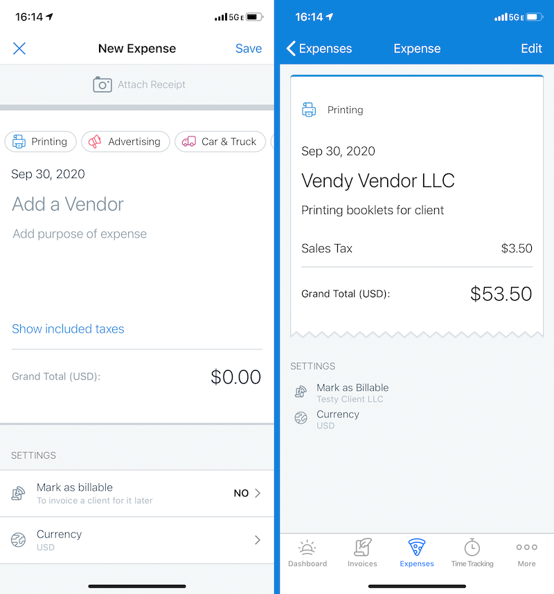 Side-by-side screenshots of the expenses feature of the FreshBooks mobile app.
