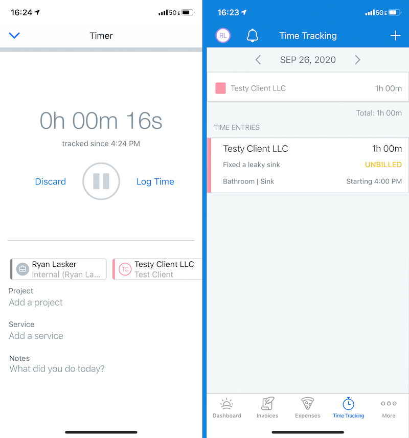 Side-by-side screenshots of the FreshBooks mobile app time tracking feature.