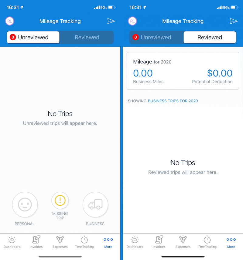 Side-by-side screenshots of the FreshBooks mobile app mileage tracking feature.
