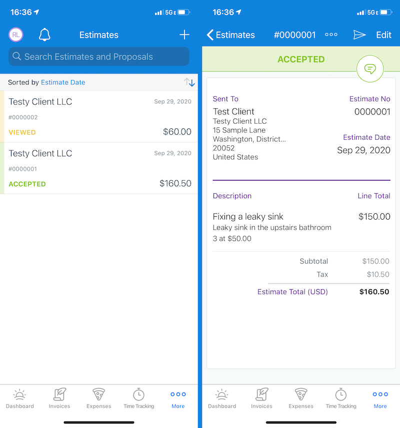 Side-by-side screenshots of the FreshBooks mobile app's estimates and quotes feature.