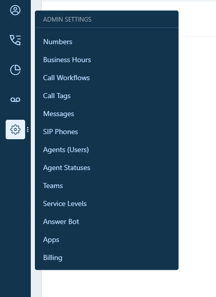 A menu for the Admin Settings features on Freshcaller.
