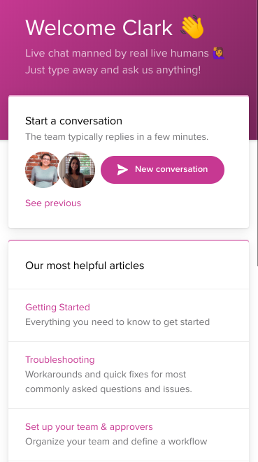 Gain's live chat support page with prompts to start a conversation or read helpful articles.
