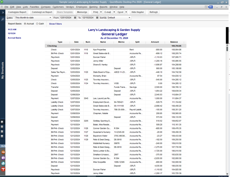 Image of a General Ledger showing data for type, date, number, amount, balance, etc.