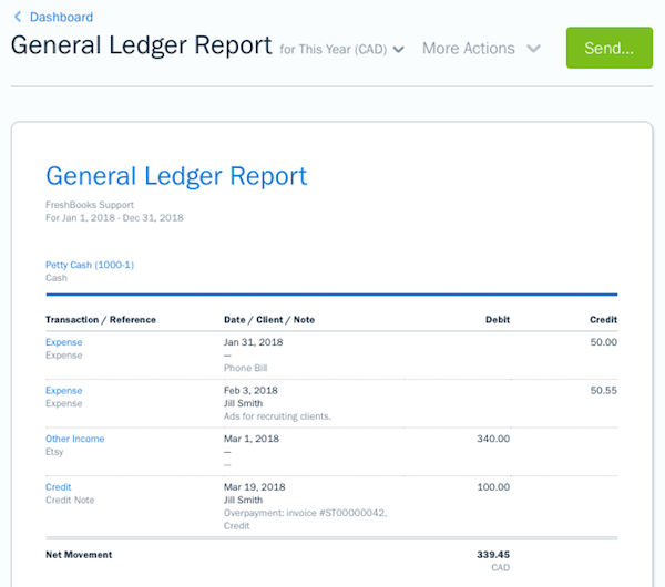 FreshBook's General Ledger screen with table columns for transaction information, date, notes, debits, credits, etc.