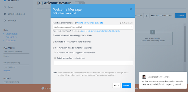 Sendinblue’s automated welcome email campaigns with functionality to A/B test email series.