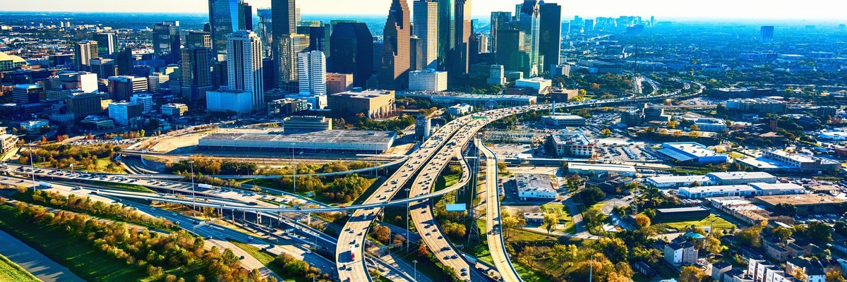 Panoramic view of highways leading toward the city of Houston.