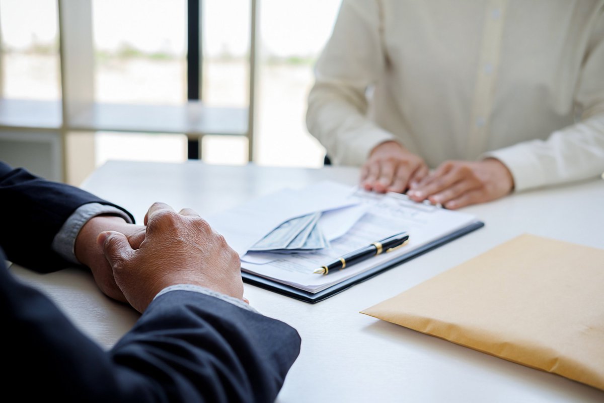 two pairs of hands touching a loan application across a desk