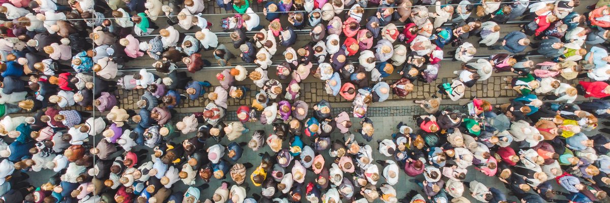Overhead view of a massive gathering of people.