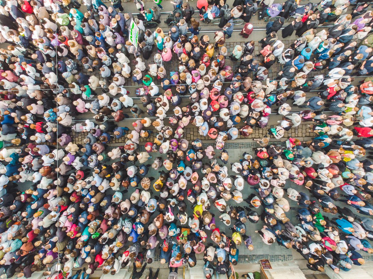 Overhead view of a massive gathering of people.