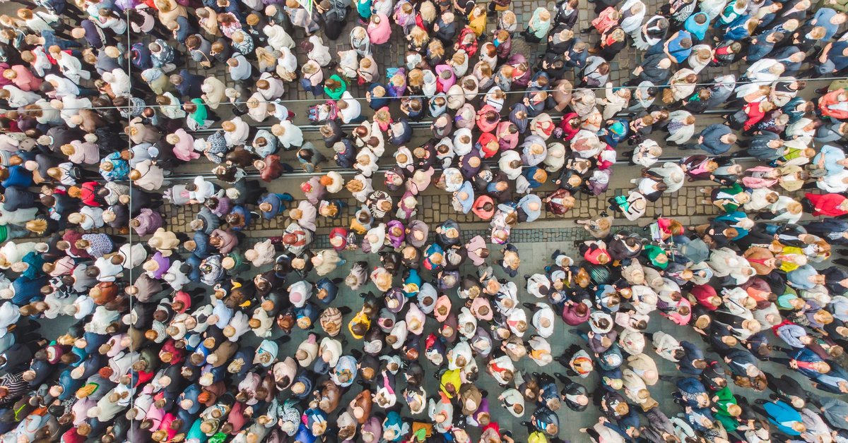 Overhead view of a massive gathering of people.