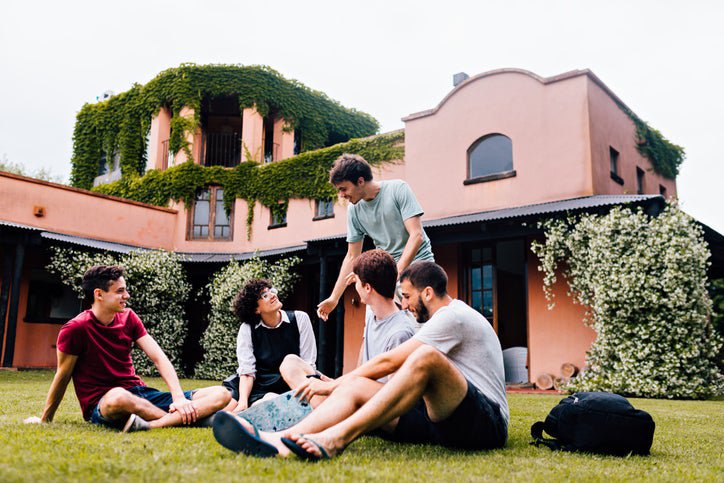 Group of young adults talk and sit on lawn in front of a large building.