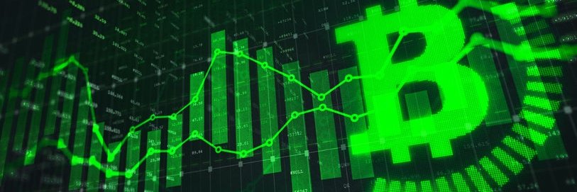 A generic Bitcoin trading graph in green color with the stock market.