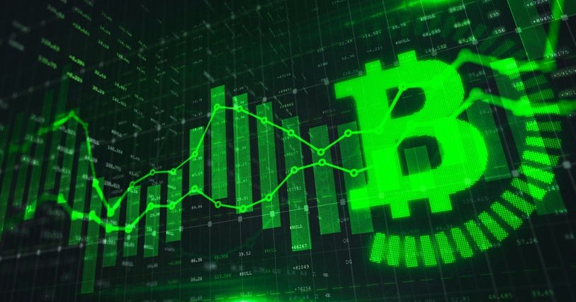 A generic Bitcoin trading graph in green color with the stock market.